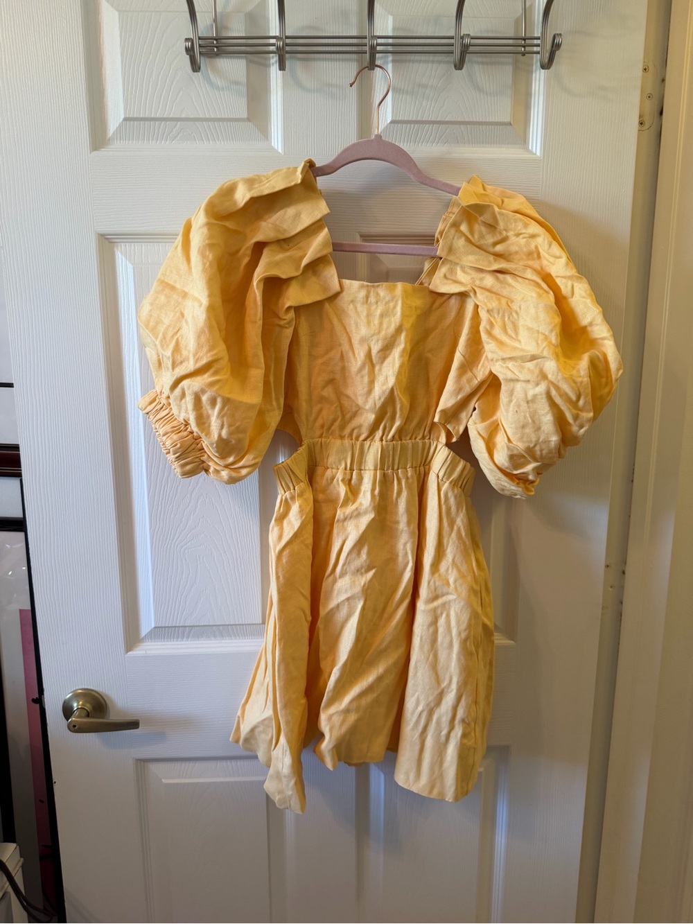 Yellow Puff-Sleeve Mini Dress with Elastic Waist